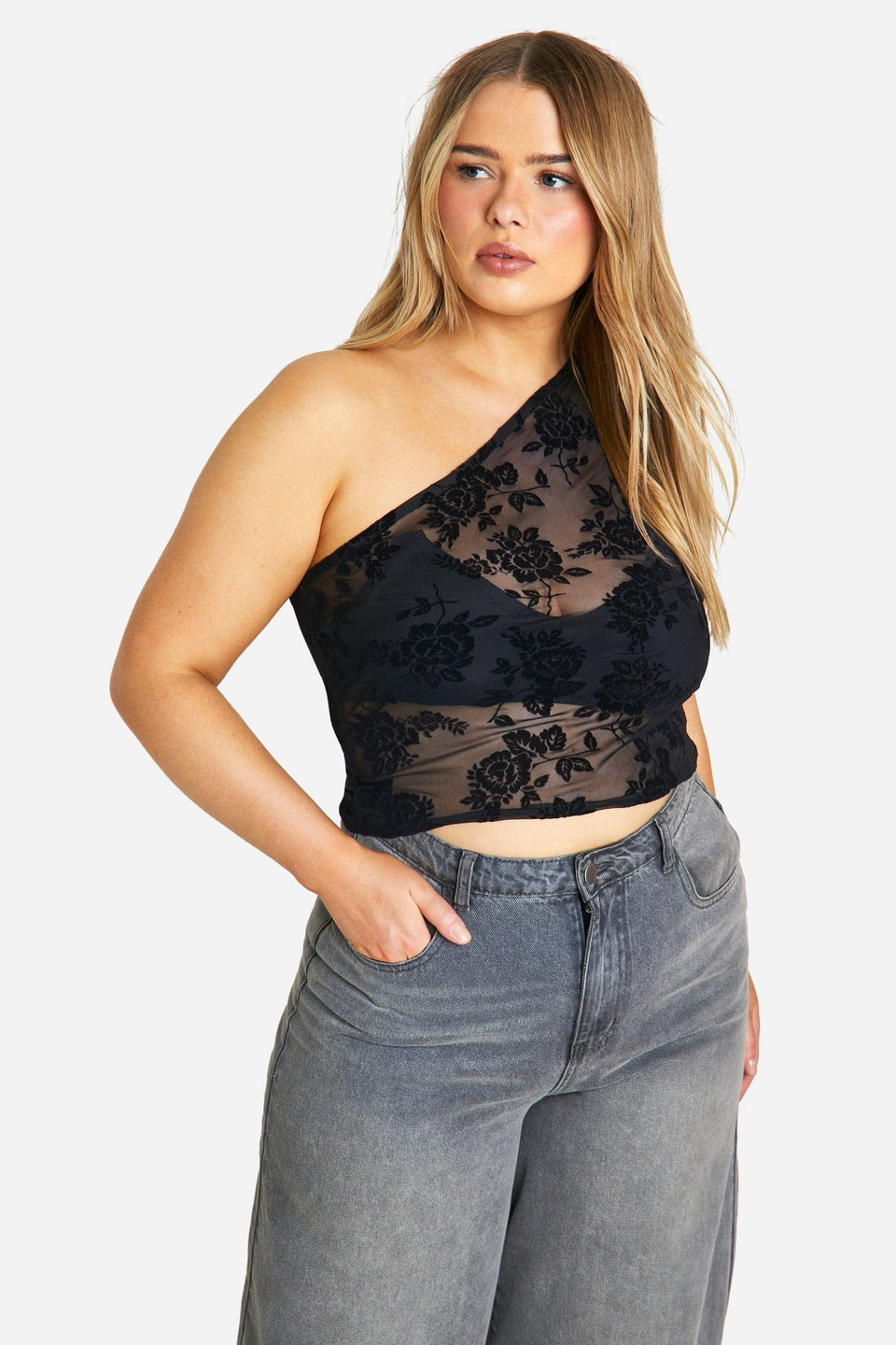 Plus Flocked Floral One Shoulder Top