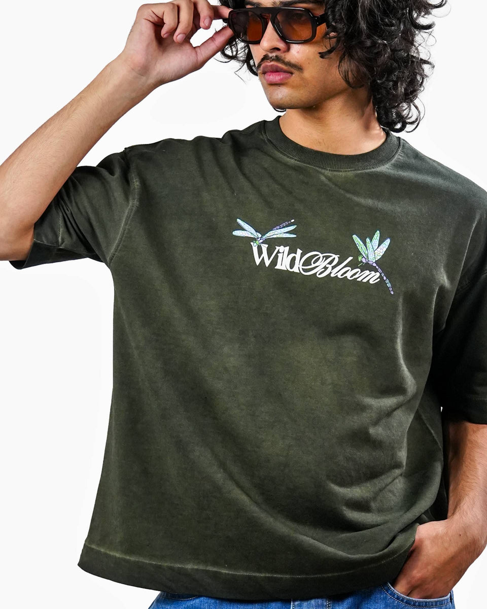 Wild Bloom Tee - Olive Washed Oversized T-shirt