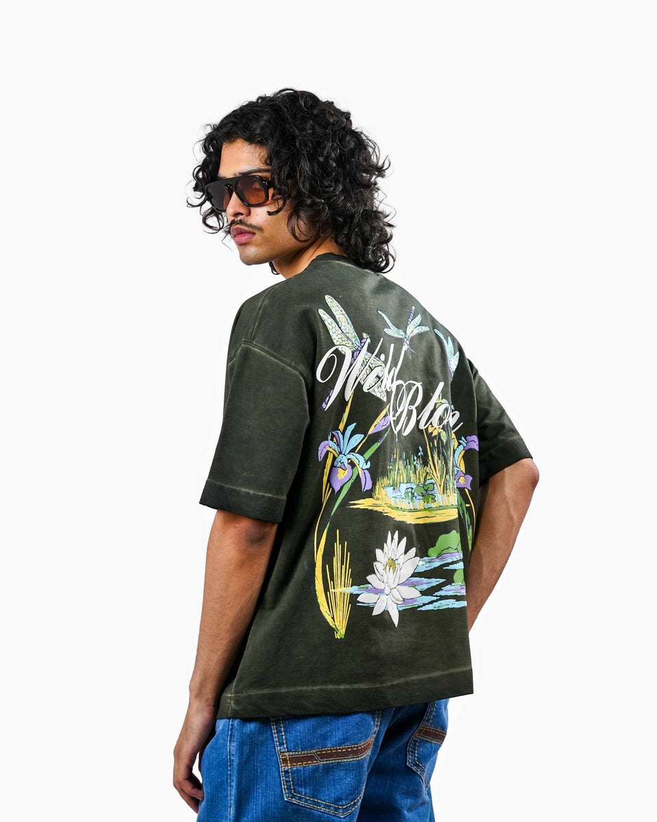 Wild Bloom Tee - Olive Washed Oversized T-shirt