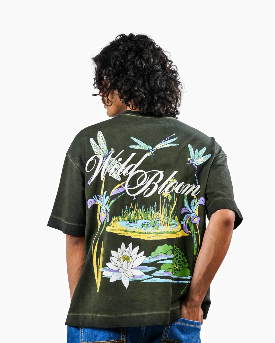 Wild Bloom Tee - Olive Washed Oversized T-shirt