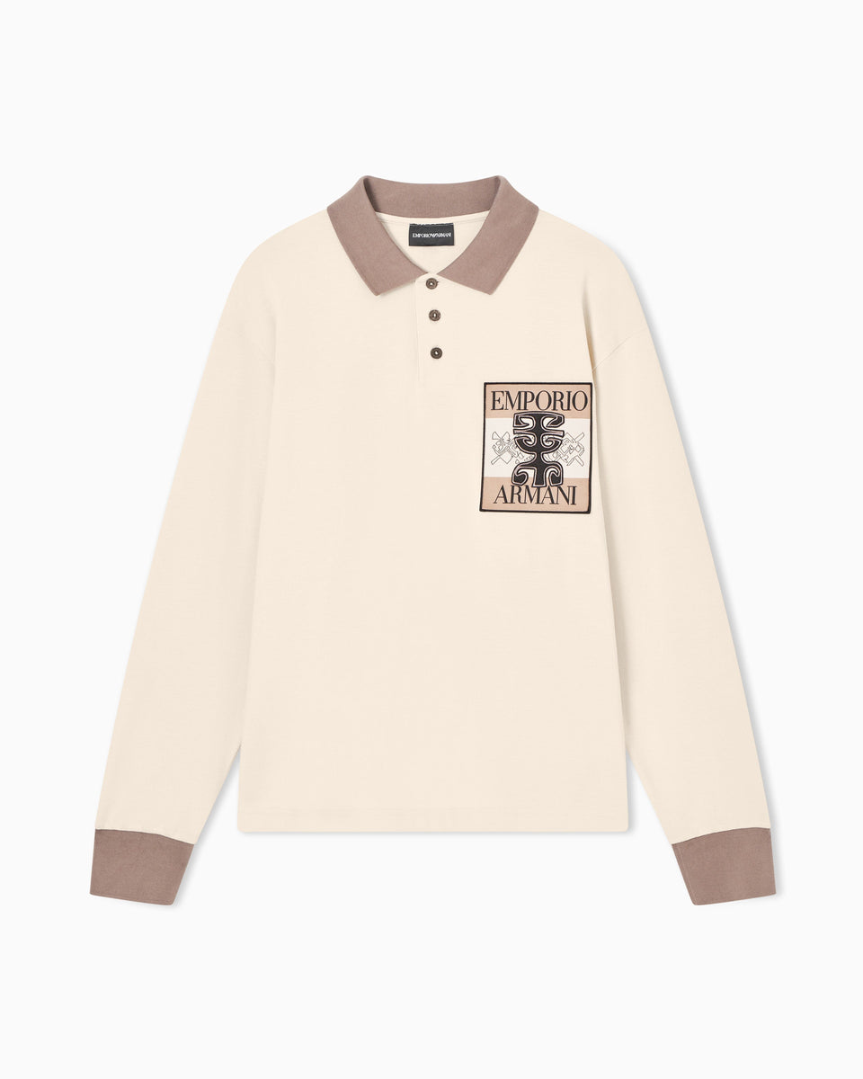 Emporio Armani Piqué polo shirt with patch and tribal print