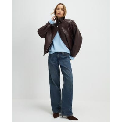 Brown Faux Leather Funnel Neck Jacket