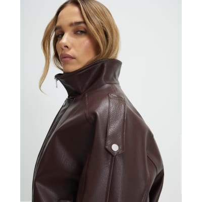 Brown Faux Leather Funnel Neck Jacket