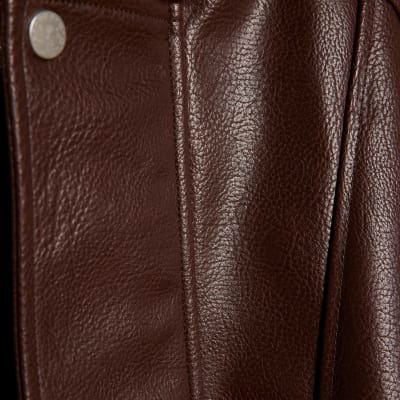 Brown Faux Leather Funnel Neck Jacket