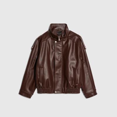 Brown Faux Leather Funnel Neck Jacket