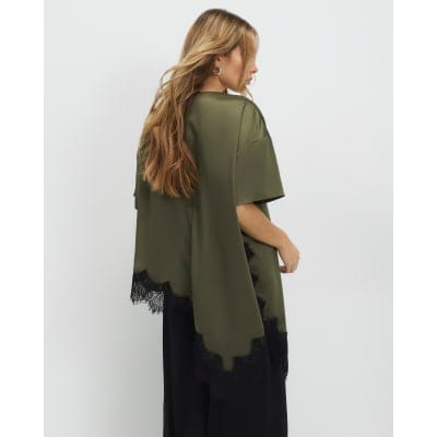 Khaki Asymmetric Lace Satin T-shirt