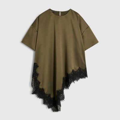 Khaki Asymmetric Lace Satin T-shirt