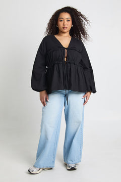 Plus Ruched Tie Front Detail Smock Top