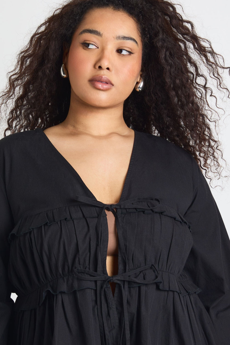 Plus Ruched Tie Front Detail Smock Top