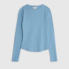 Blue Long Sleeve Ribbed Crew Neck Top