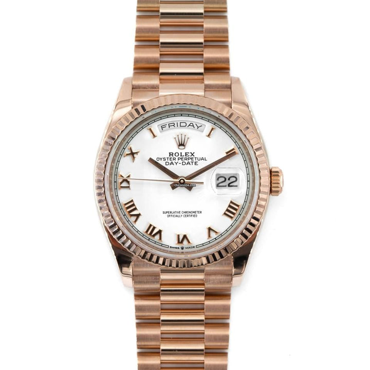 Rolex | Day-Date | 128235 | Rose gold | 36 x 43 mm | Rose gold | White | Automatic