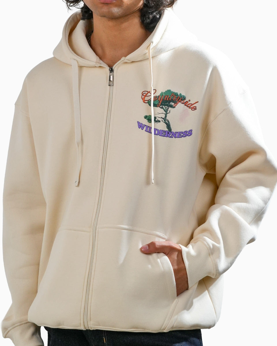 Countryside Wilderness - Off White Printed Oversized Zipper Hoodie