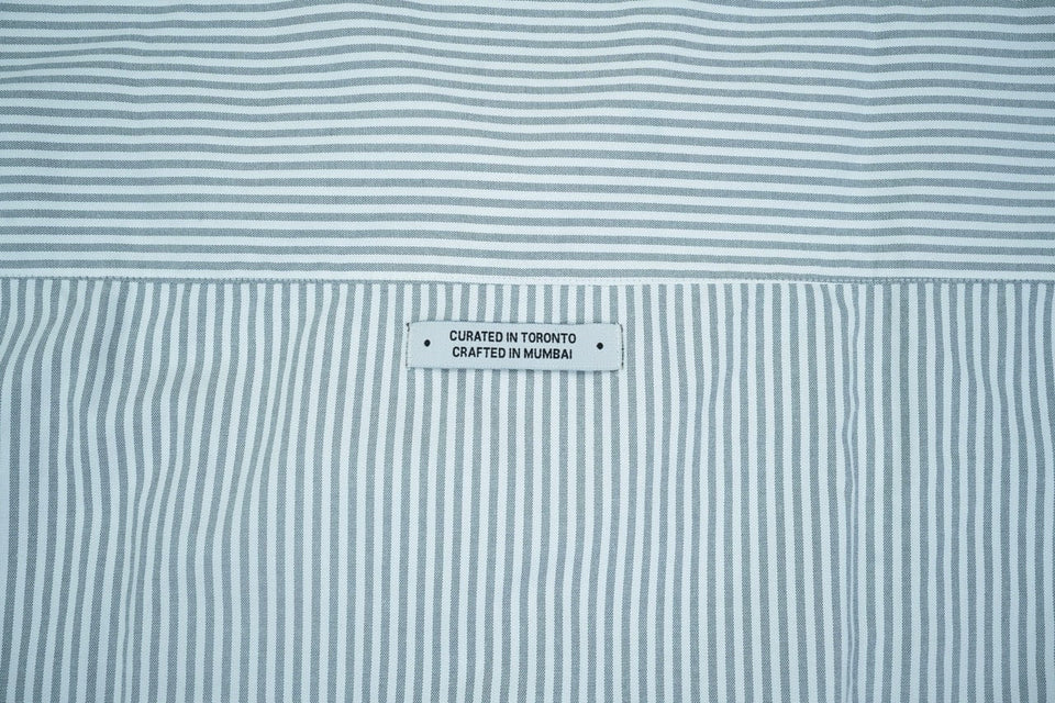 THE CRIMSON CRANE SHIRT in gray stripes