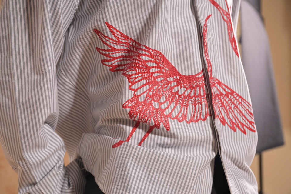THE CRIMSON CRANE SHIRT in gray stripes