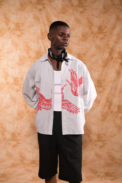THE CRIMSON CRANE SHIRT in gray stripes