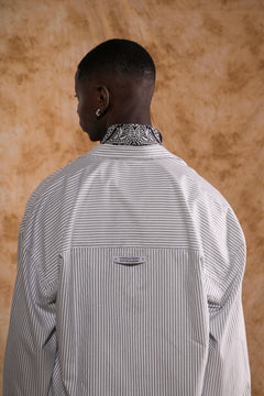 THE CRIMSON CRANE SHIRT in gray stripes