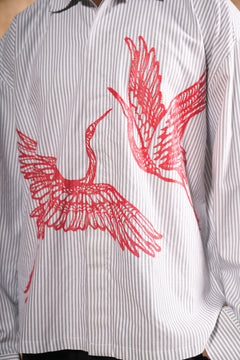 THE CRIMSON CRANE SHIRT in gray stripes
