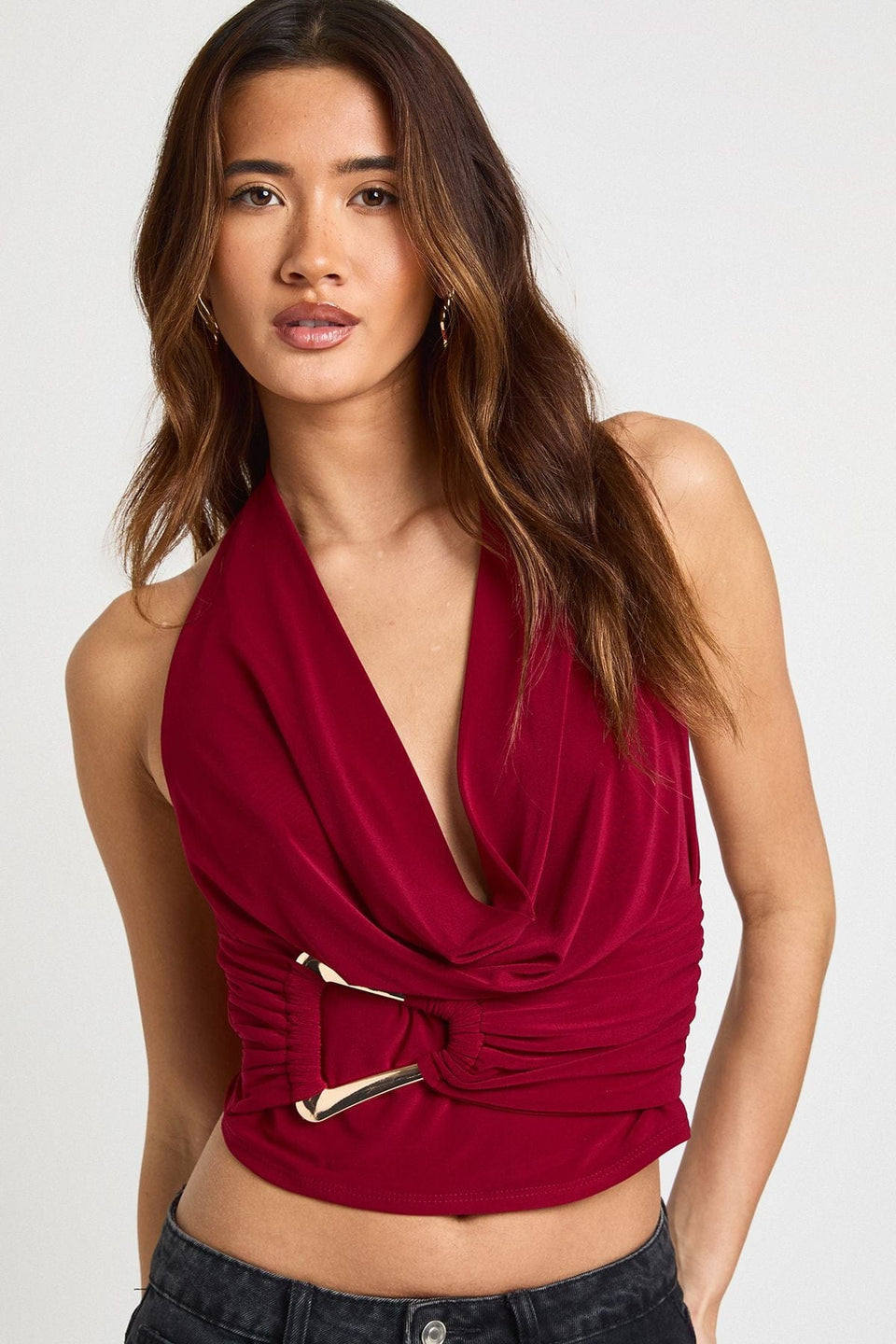 Double Layer Slinky Halter Neck Buckle Gold Trim Top