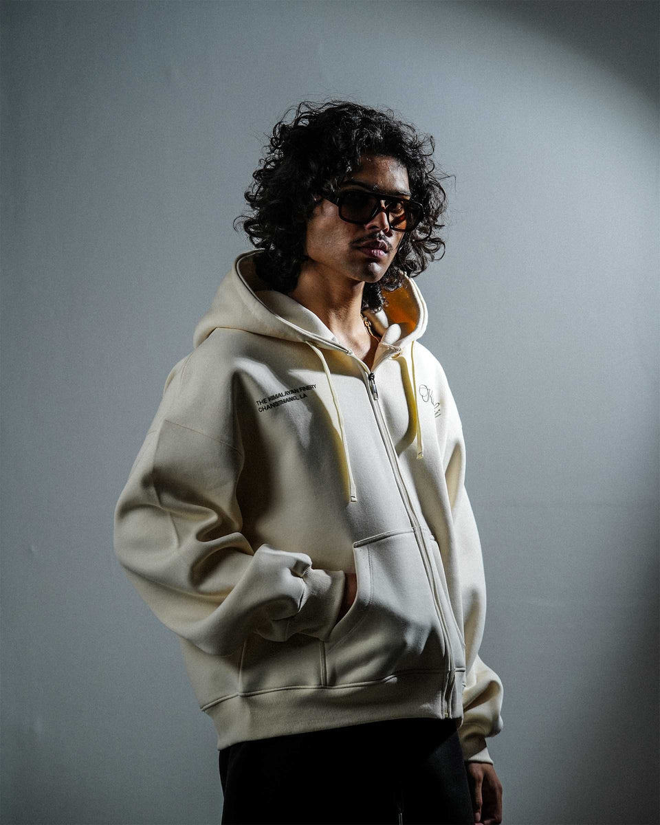 Himalayan Finery - Cream Oversized Cropped Zipper Hoodie