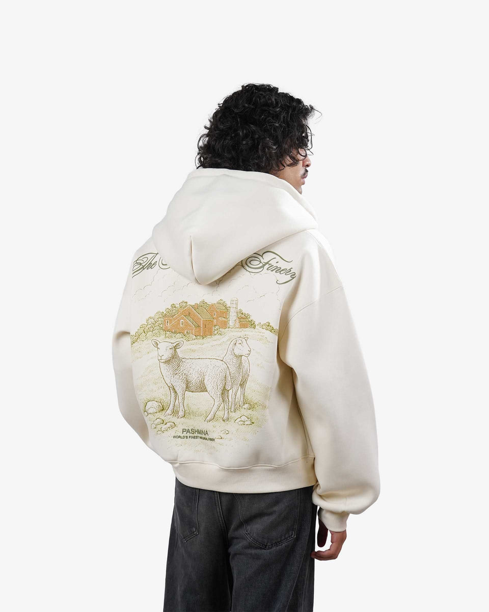 Himalayan Finery - Cream Oversized Cropped Zipper Hoodie