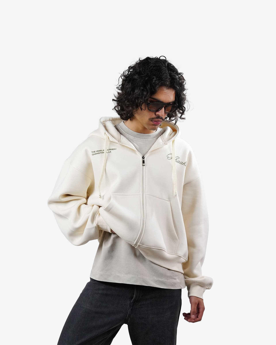 Himalayan Finery - Cream Oversized Cropped Zipper Hoodie