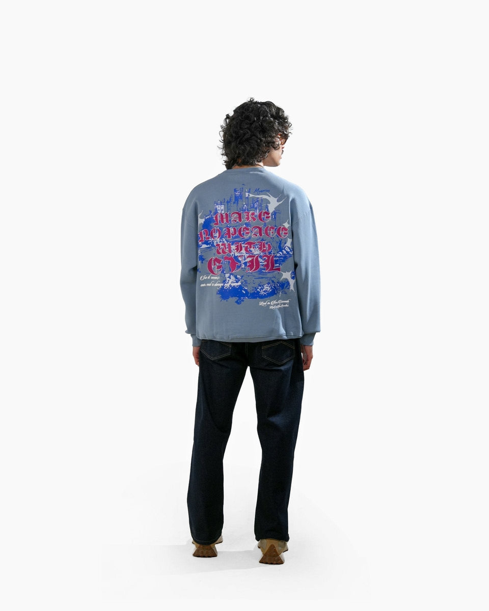 No Peace With Evil - Blue Oversized Embroidered Sweatshirt