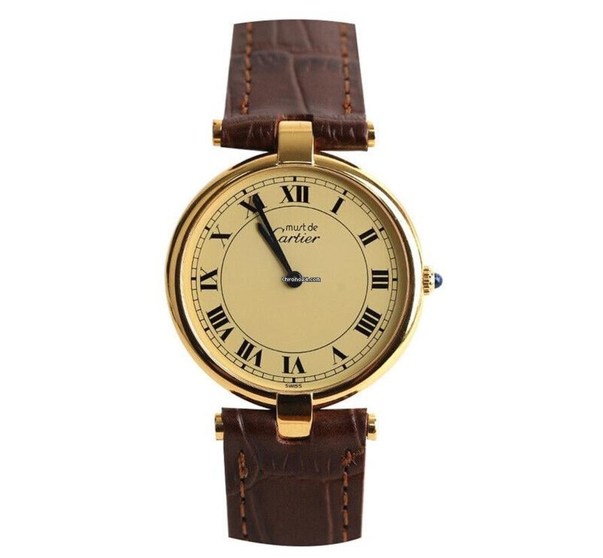 Cartier Round Pin Buckle Brown Leather Band 30 MM Original Dial 7227103013