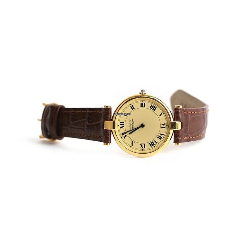 Cartier Round Pin Buckle Brown Leather Band 30 MM Original Dial 7227103013