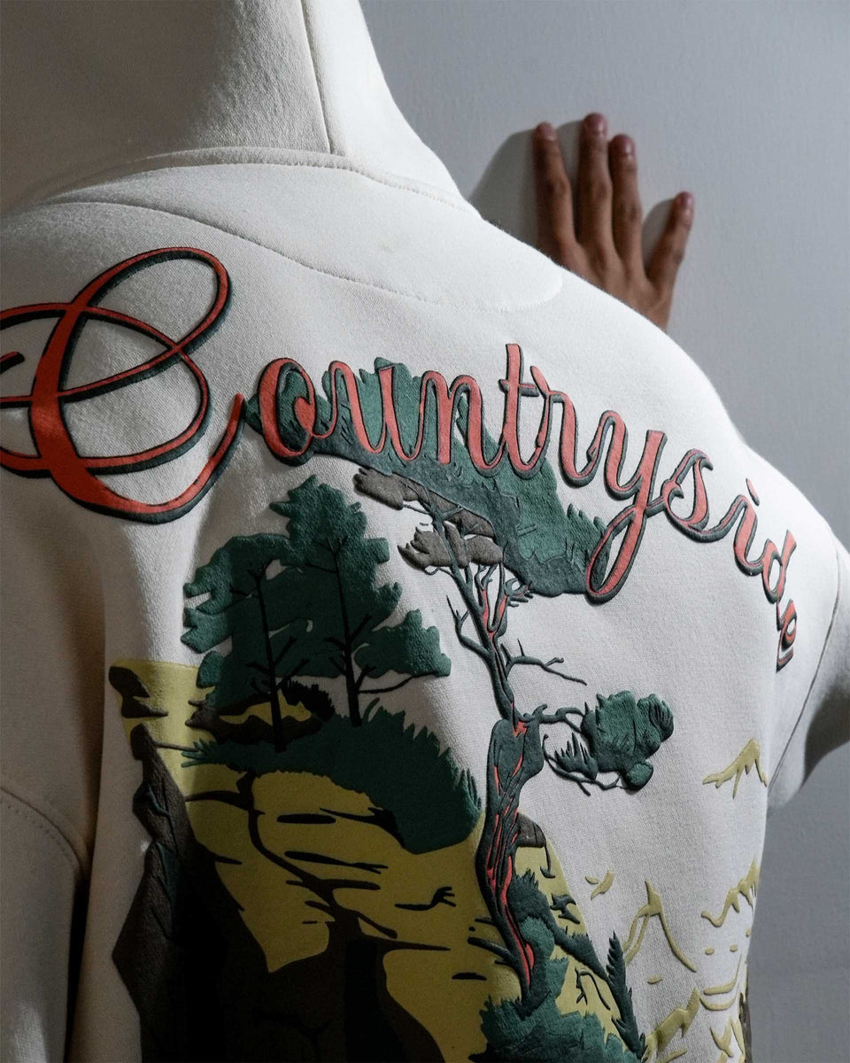 Countryside Wilderness - Off White Printed Oversized Zipper Hoodie