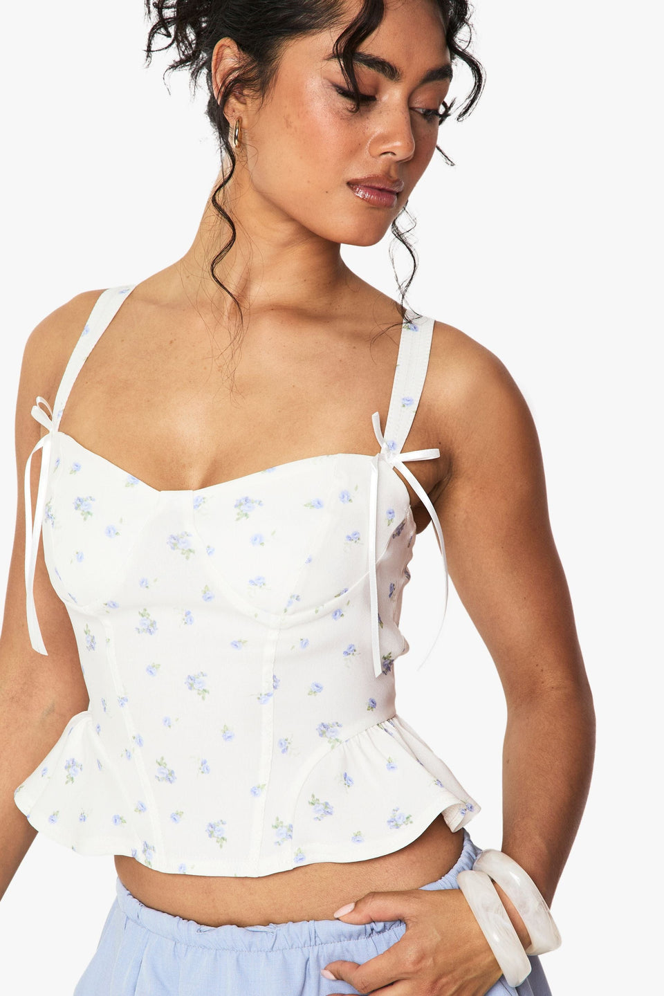 Ditsy Print Bengaline Bow Detail Corset Top