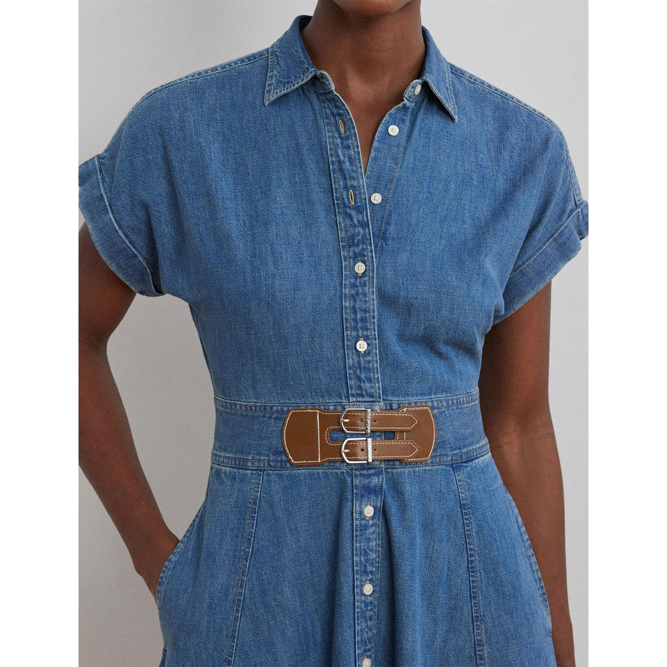 Buckle-Trim Denim Shirt Dress