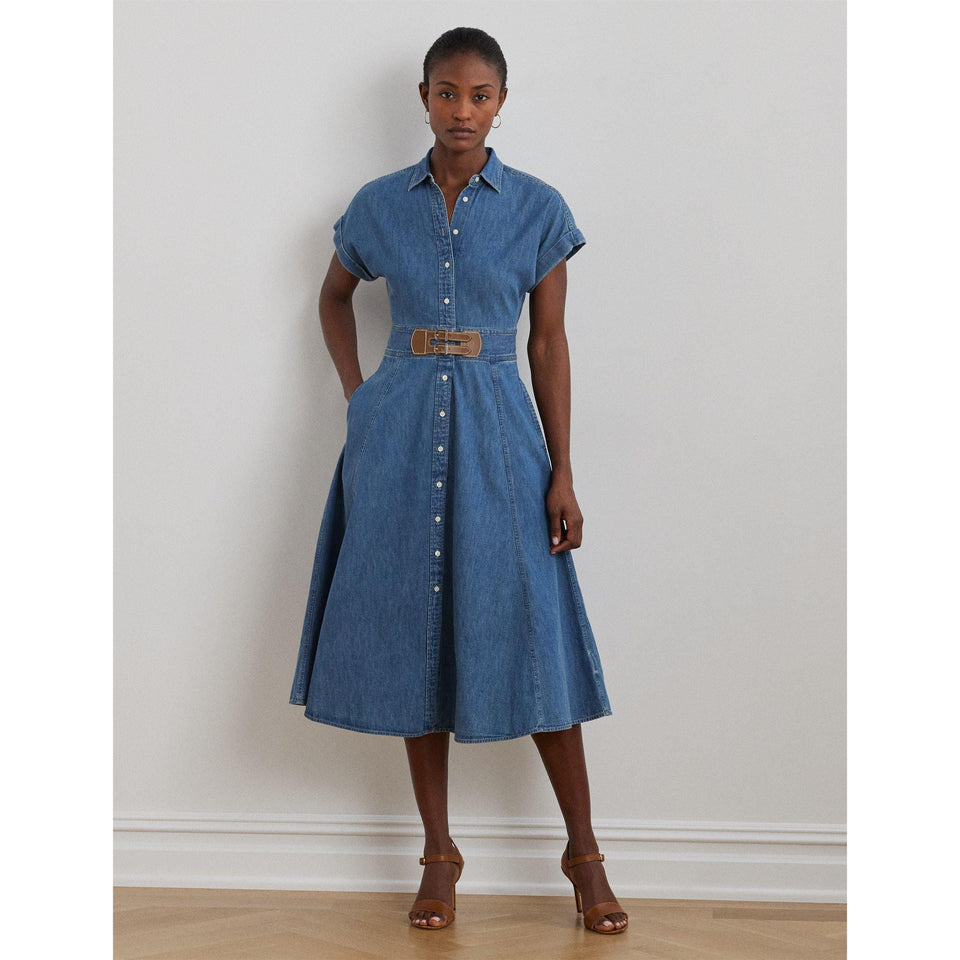 Buckle-Trim Denim Shirt Dress