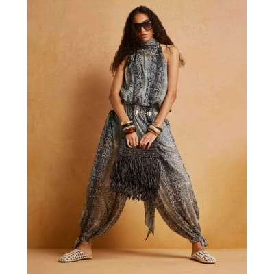 Grey Snake Halter Neck Bubble Hem Top