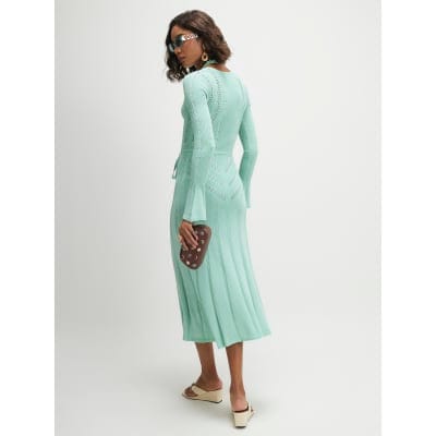 Blue Metallic Flare Knitted Midi Dress
