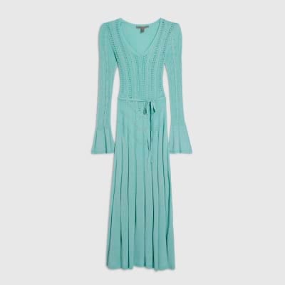Blue Metallic Flare Knitted Midi Dress
