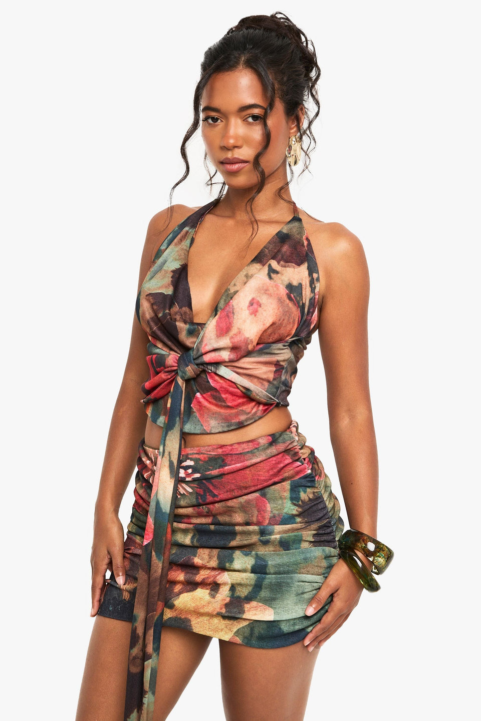 Printed Textured Mesh Ruched Front Mini Skirt