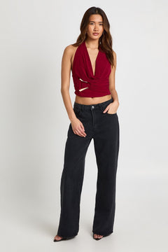 Double Layer Slinky Halter Neck Buckle Gold Trim Top