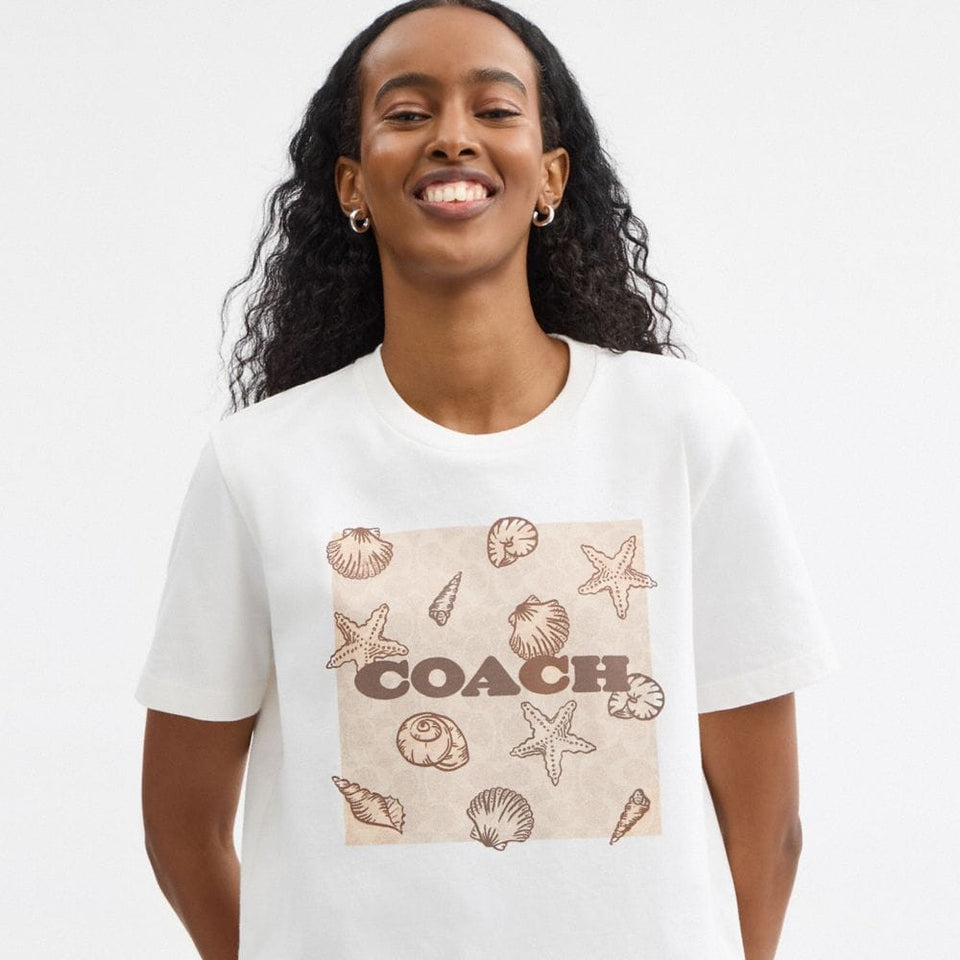 Coach Shell Signature Square Classic T-Shirt In Organic Cotton White