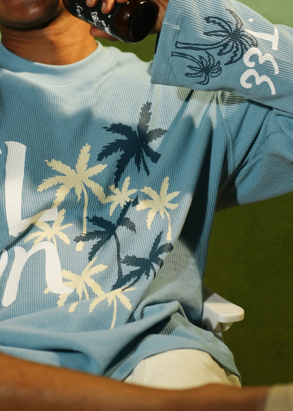 ‘PALM STATE’ FULL SLEEVE WAFFLE TEE | SKY BLUE