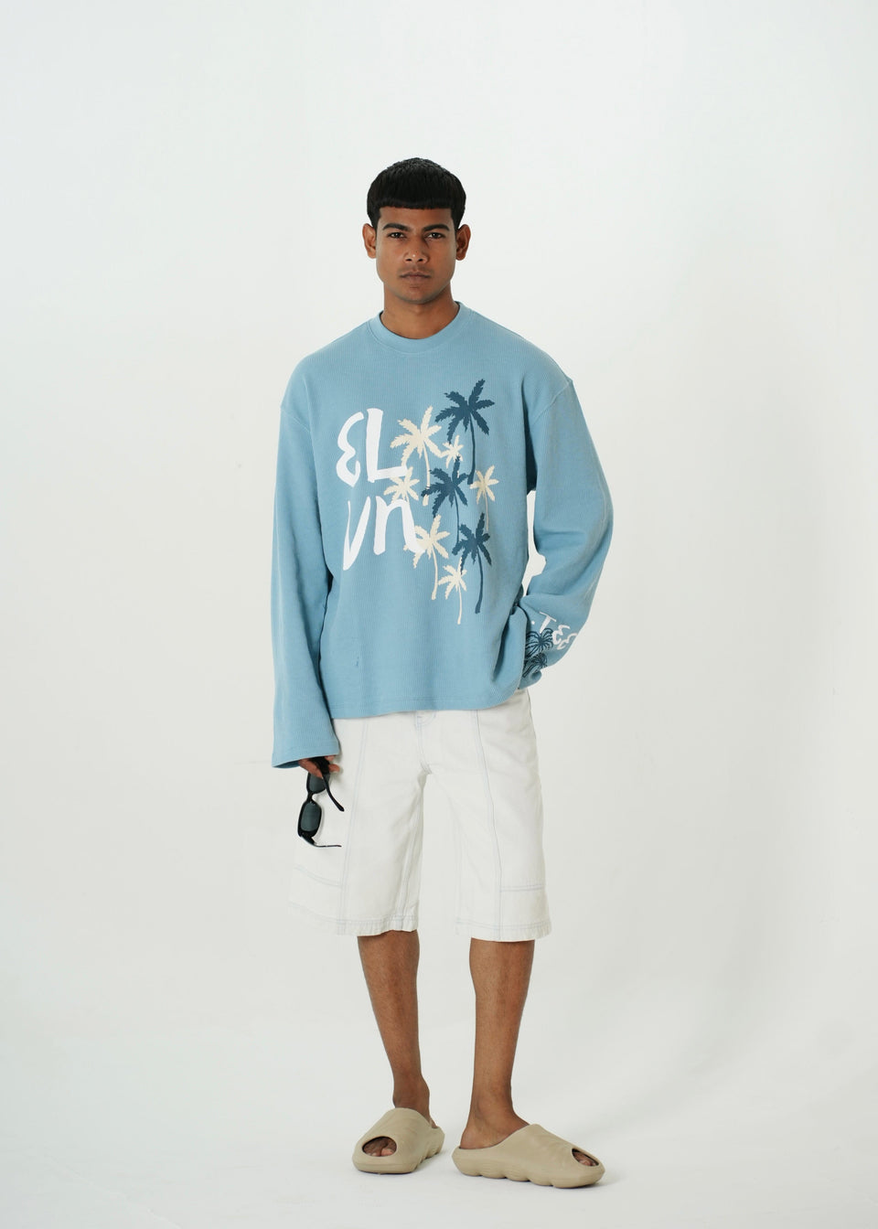 ‘PALM STATE’ FULL SLEEVE WAFFLE TEE | SKY BLUE