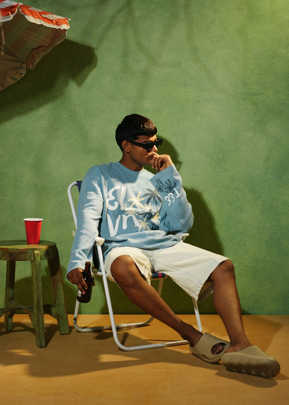 ‘PALM STATE’ FULL SLEEVE WAFFLE TEE | SKY BLUE