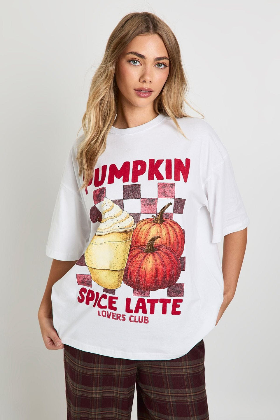 Pumpkin Spice Latte Checkered Printed Oversized T-Shirt