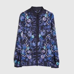 Blue Floral Long Sleeve Ruffle Blouse