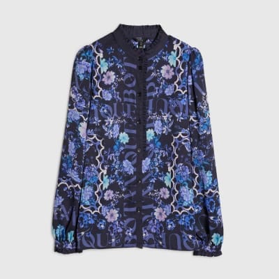 Blue Floral Long Sleeve Ruffle Blouse