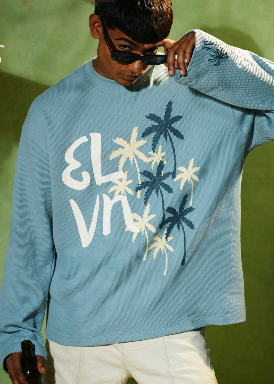 ‘PALM STATE’ FULL SLEEVE WAFFLE TEE | SKY BLUE