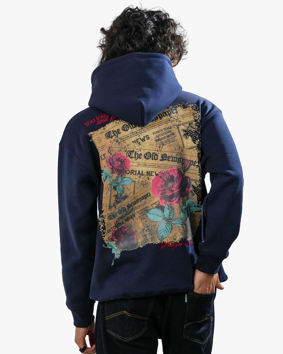 Love Me More - Navy Blue Printed Oversized Hoodie