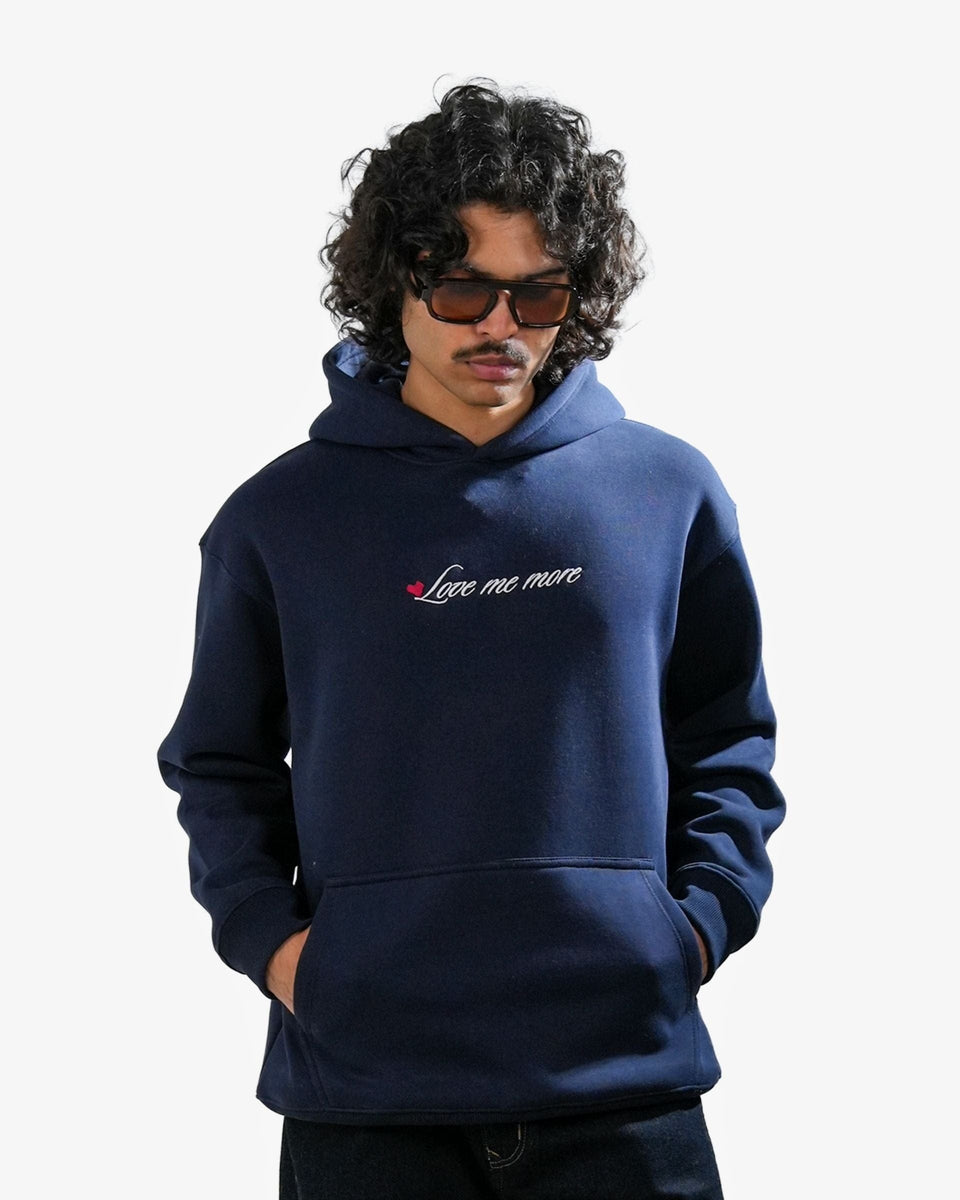 Love Me More - Navy Blue Printed Oversized Hoodie