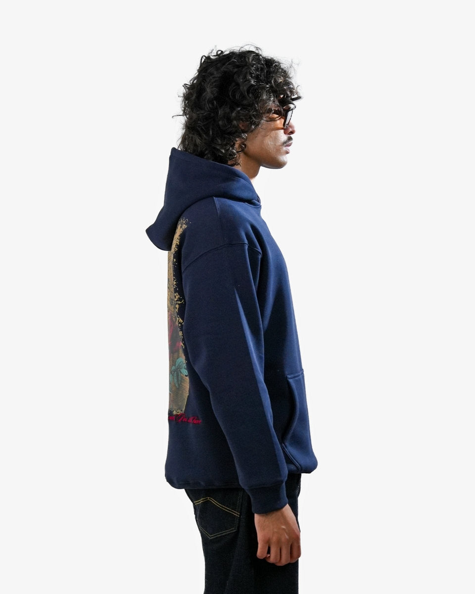 Love Me More - Navy Blue Printed Oversized Hoodie