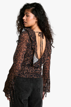 Chiffon Leopard Ruffle Tie Front Blouse