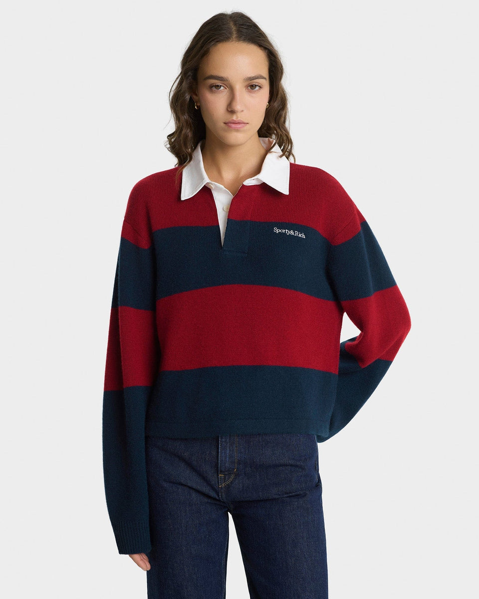 Serif Logo Cashmere Rugby Polo - Merlot/Navy/Ecru